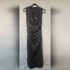 Micas Plunging Neck Waist Ruched Waist Faux Leather Maxi Dress Size Medium NWT